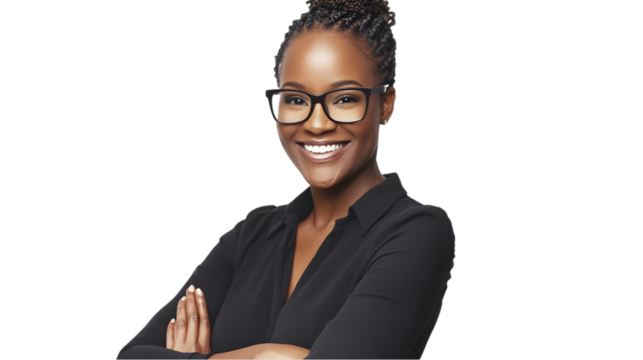 a confident businesswoman in glasses, smiling with her arms crossed