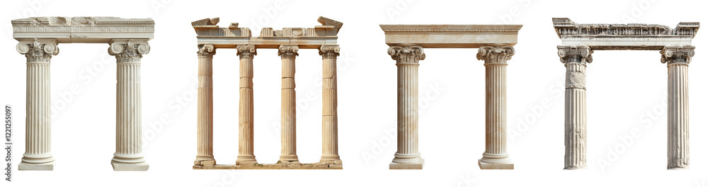 Poster a collection of four varied ancient greek or roman column fragments showcasing different architectur