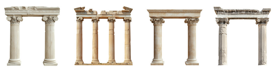 Obraz premium A collection of four varied ancient Greek or Roman column fragments showcasing different architectural styles and states of preservation.