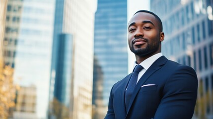 Fototapeta premium Confident African American Businessman Cityscape Background