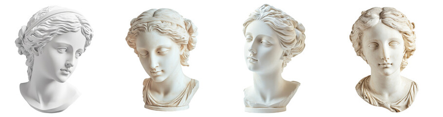 Obraz premium A collection of four classical sculptures showcases the serene beauty of female heads, each with unique hairstyles.