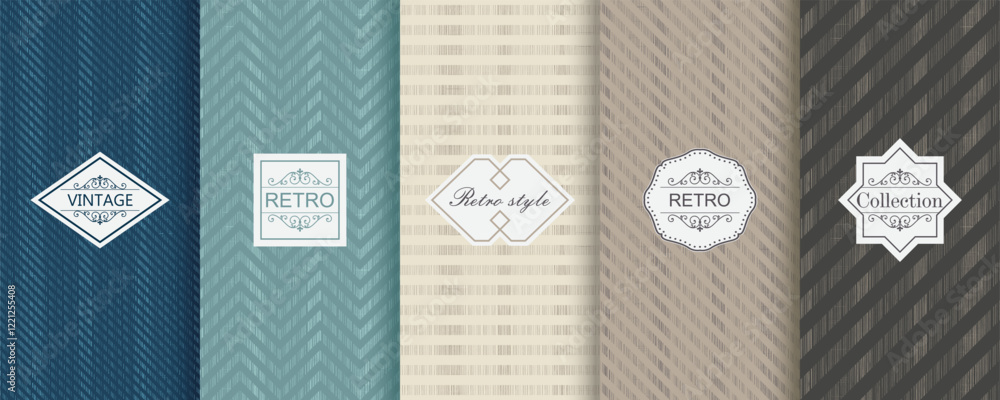 Poster Set of Cute geometric seamless patterns on vibrant background with minimal labels, frames. Abstract  vector textures.Vintage  Design for print, vaucher, decor, package, banner