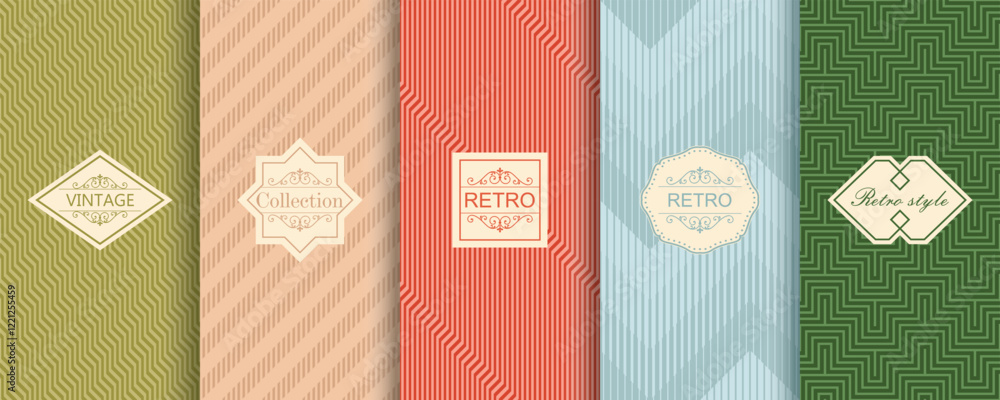 Poster Set of Cute geometric seamless patterns on vibrant background with minimal labels, frames. Abstract  vector textures.Vintage  Design for print, vaucher, decor, package, banner