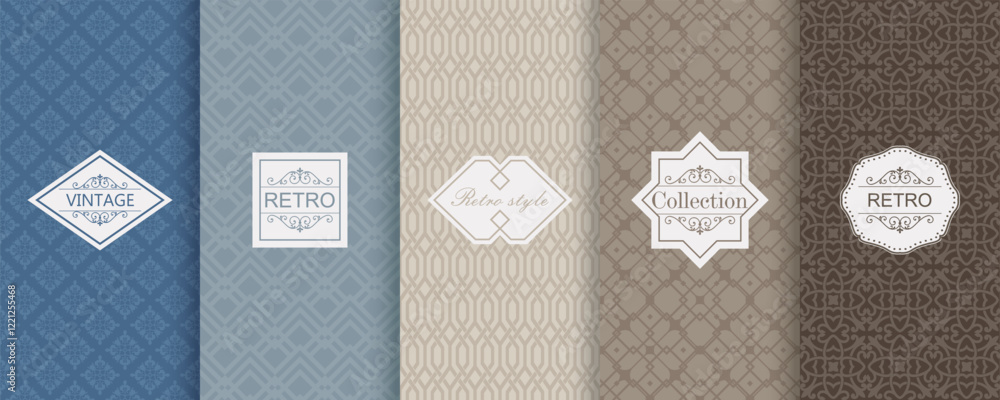 Poster Set of Cute geometric seamless patterns on vibrant background with minimal labels, frames. Abstract  vector textures.Vintage  Design for print, vaucher, decor, package, banner