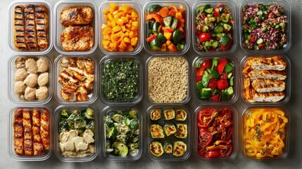 Collection of colorful meal prep containers, each filled with grilled chicken, a variety of vegetables, and quinoa, perfect for a balanced and nutritious week of meals.