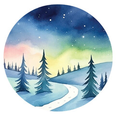 Naklejka premium watercolors A stunning aurora borealis over a snow illustration
