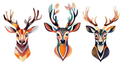 Geometric Deer Trio:  Three stylized deer heads with vibrant geometric patterns, each showcasing unique color combinations and intricate details, exude a modern and abstract aesthetic.