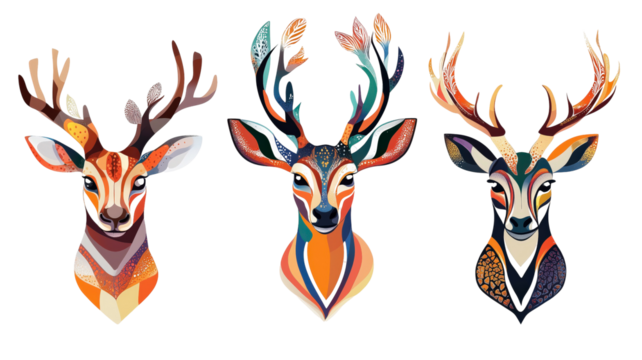 Geometric Deer Trio:  Three stylized deer heads with vibrant geometric patterns, each showcasing unique color combinations and intricate details, exude a modern and abstract aesthetic.