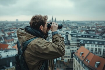 Obraz premium a man looks through binoculars on the blue background