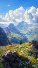 Breathtaking mountain vista with wildflower valleys distant peaks and bright skies outdoor landscape photography nature's beauty