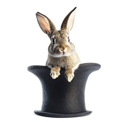 Cute rabbit popping out of a magician's hat on white background