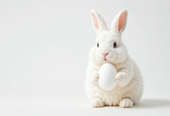 Obraz premium White rabbit holding an egg on a soft pastel background.