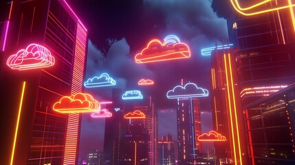 Neon city skyline with cloud computing icons, futuristic cityscape at night, for technology concepts