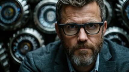 A professional engineer troubleshooting advanced machinery while surrounded by interactive technology and holographic data interfaces in a cutting-edge facility