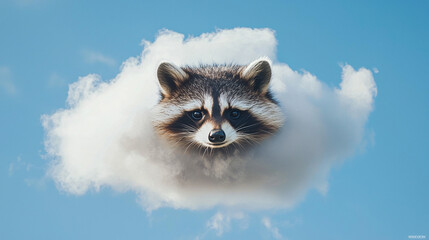 surreal raccoon shaped clouds floating bright blue sky fluffy white clouds,wildlife imagination dreamlike compositions,whimsical design,day,cute,sci-fi,fiction,alien,zoo,joy,scenic,calm,wild,pet