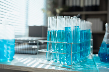 Test tubes containing blue liquid standing in laboratory
