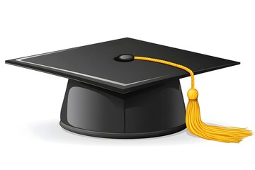 Black Graduation Cap with Yellow Tassel on Transparent Background