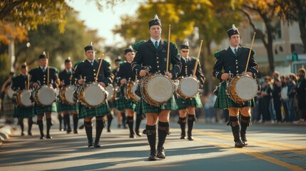 Energetic marching band in green uniforms. St. Patrick's Day parade confetti