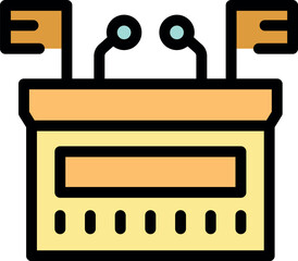 Tribune with microphones and flags is ready for political speech or announcement