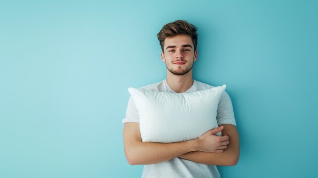 World Sleep Day with young smile woman holding soft pillow against light blue background. Copy space