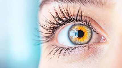 Obraz premium Close Up Hazel Eye With Long Dark Eyelashes Soft Light Blue Background