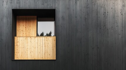 Modern wooden building exterior, light wood balcony, dark wood siding, trees in background, architectural design