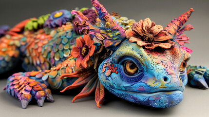Vibrant Multicolored Ceramic Lizard with Intricate Floral Patterns and Textures on a Neutral Background