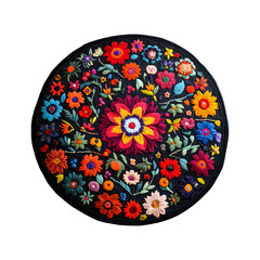 Bohemian Style Wall Tapestry with Colorful Flowers on Black Plate Isolated on Transparent Background