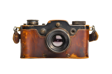 Vintage camera with leather case and lens isolated on transparent or white background