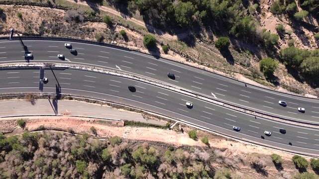 Aerial view of highway amidst mountain range in Puerto de la Cadena, Murcia, Spain