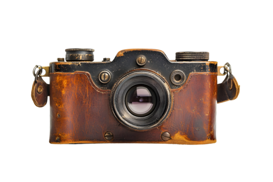 Vintage camera with leather case and lens isolated on transparent or white background