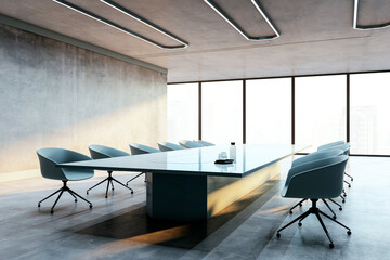 Modern conference room with a long table and stylish chairs, large windows offering a city view,...