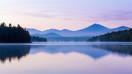 A serene mountain lake with mist rising from the water&rsquo;s surface, surrounded by towering trees and distant peaks, the soft light of dawn reflecting off the still water