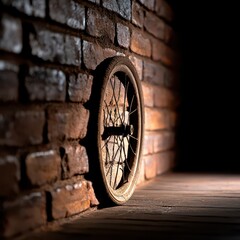 A rustic wheel set against a textured brick wall, evoking nostalgia and timeless charm in a dimly lit setting.
