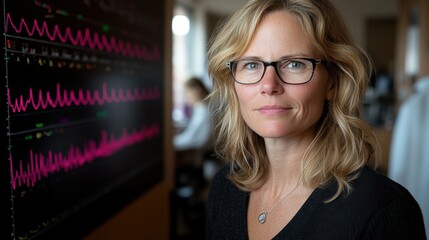 Portrait of a focused health analyst interpreting real-time data visualizations to improve patient care outcomes in a high-tech medical environment