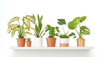 Obraz premium Indoor Plants on White Shelf - Collection of potted houseplants on a clean white shelf against a white background. Ideal for home decor, gardening, and plant-related content.
