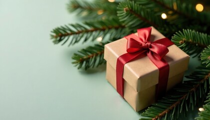 Gift box ornament on brown paper wrapped fir tree branch, decorative, brown paper, Christmas