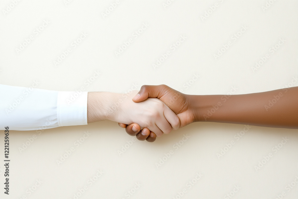 Poster handshake between two individuals representing unity and cooperation in diverse settings