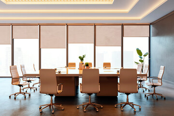 Modern conference room interior with chairs and large table in corporate office building. 3D...