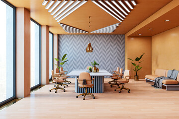 Modern boardroom with wooden details, stylish chairs, and a geometric wall pattern. 3D Rendering