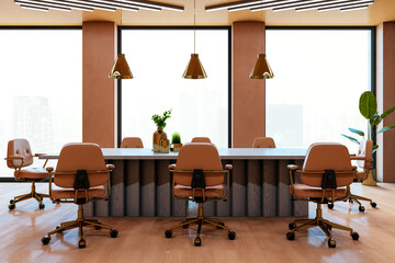 Modern boardroom interior with large wooden table and stylish chairs in a corporate office,...