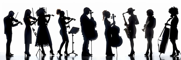 A dynamic vector illustration of black silhouettes of musicians playing instruments like saxophone, violin, and guitar, capturing the energy of a live jazz concert, unique vector icon set