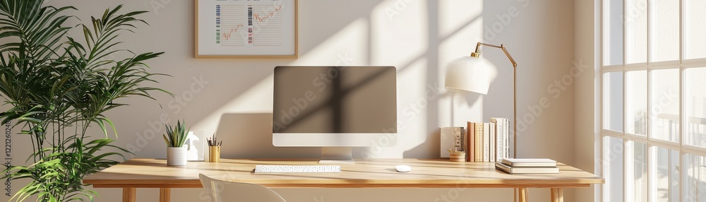 Poster a modern workspace featuring a computer, books, and a lamp, illuminated by natural light, creating a