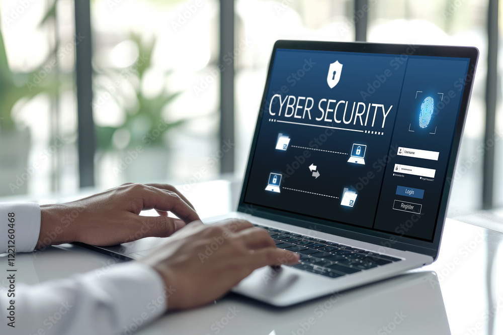 Poster cyber security system on computer screen protect private information brisk from hacker and cyber att