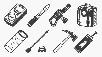 Obraz premium Flat icons silhouettes of outdoor survival gear such as GPS, multi-tools, and fire starters for wilderness adventures