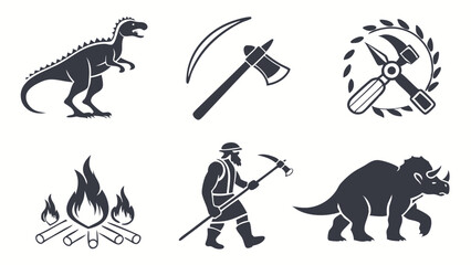 Flat icons silhouettes of prehistoric creatures, stone tools, and mammoths, showcasing the ancient era