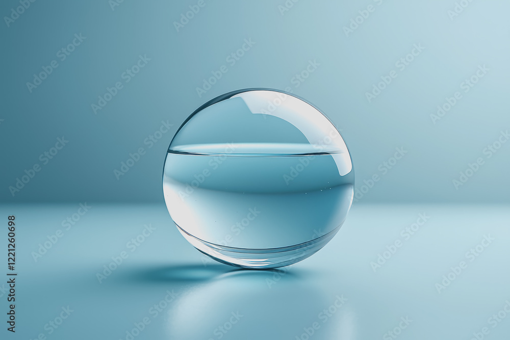 Poster glass sphere filled with water resting on a reflective surface with soft natural light creating an a