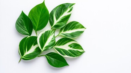 Lush Green Leaves on White Background - Close-up of vibrant green and white variegated leaves arranged on a clean white backdrop. Perfect for nature, botanical, or wellness themes.