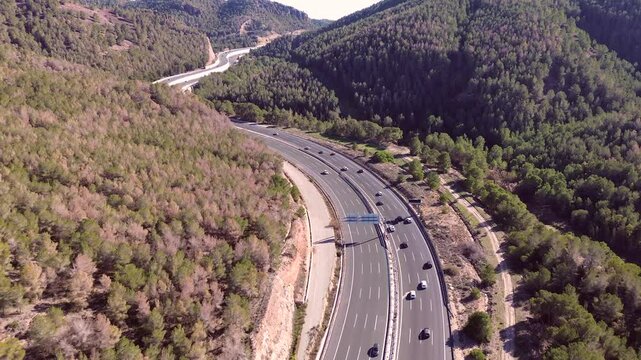 Aerial view of highway amidst mountain range in Puerto de la Cadena, Murcia, Spain