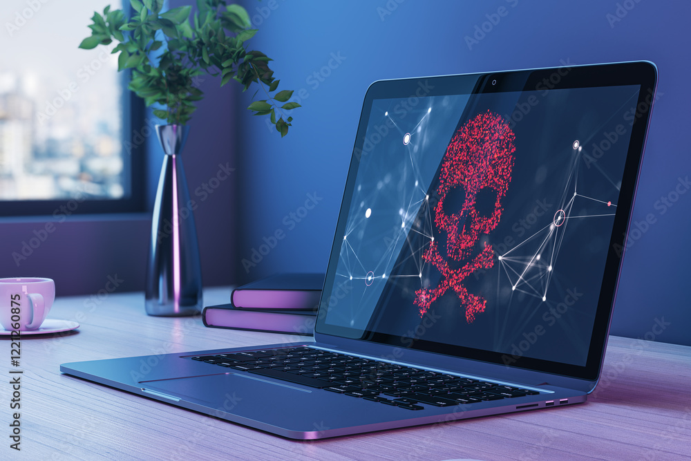 Poster digital skull warning sign displayed on laptop screen in office setting. 3d rendering